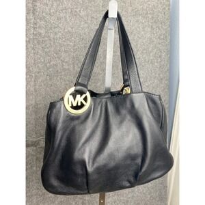 Michael‎ Kors Black Pebbled Leather Tote Bag Gold MK Logo Shoulder *strap wear*